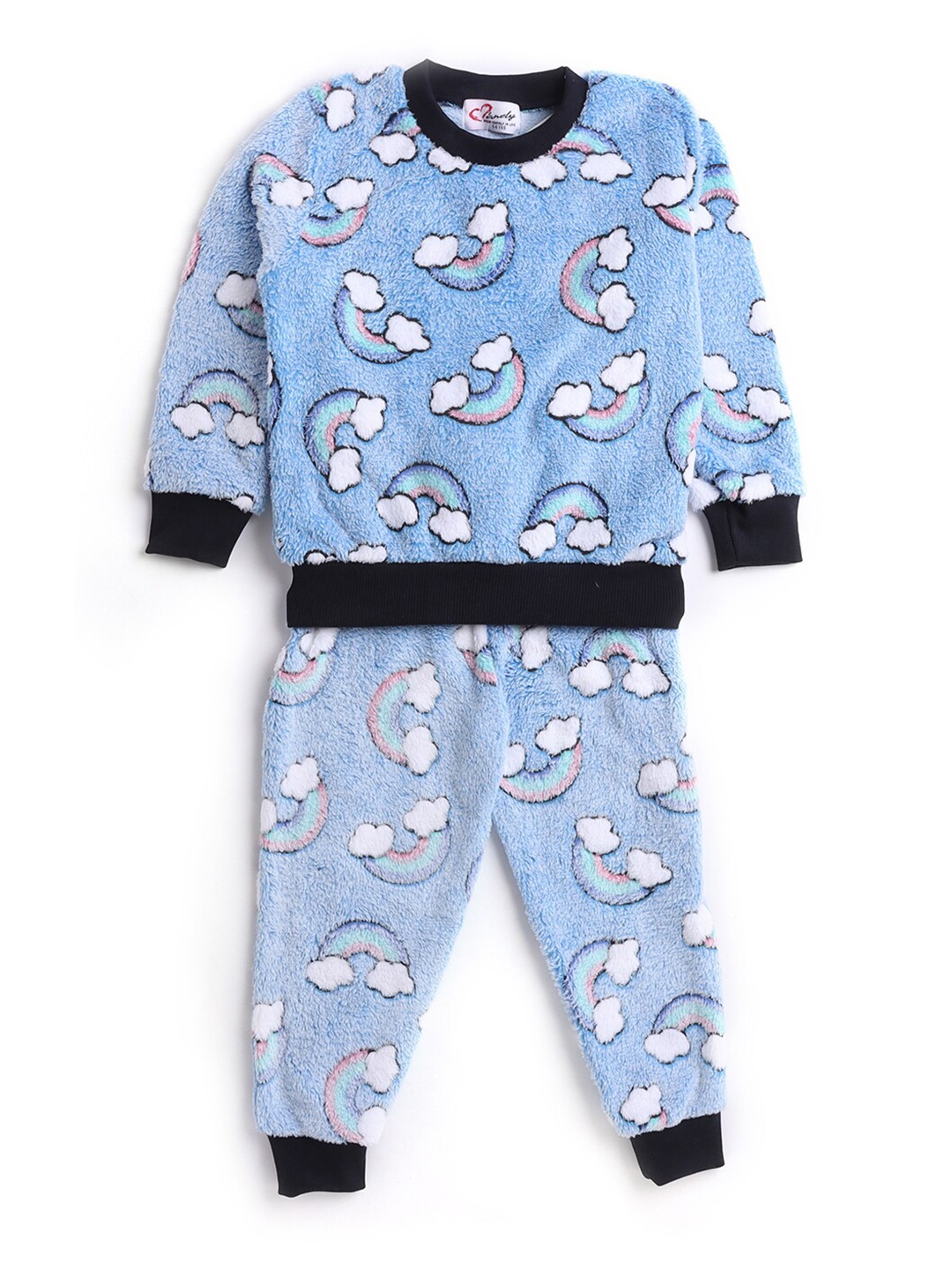 

Hopscotch Girls Blue & Black Printed Pure Cotton Sweatshirt With Jogger Set