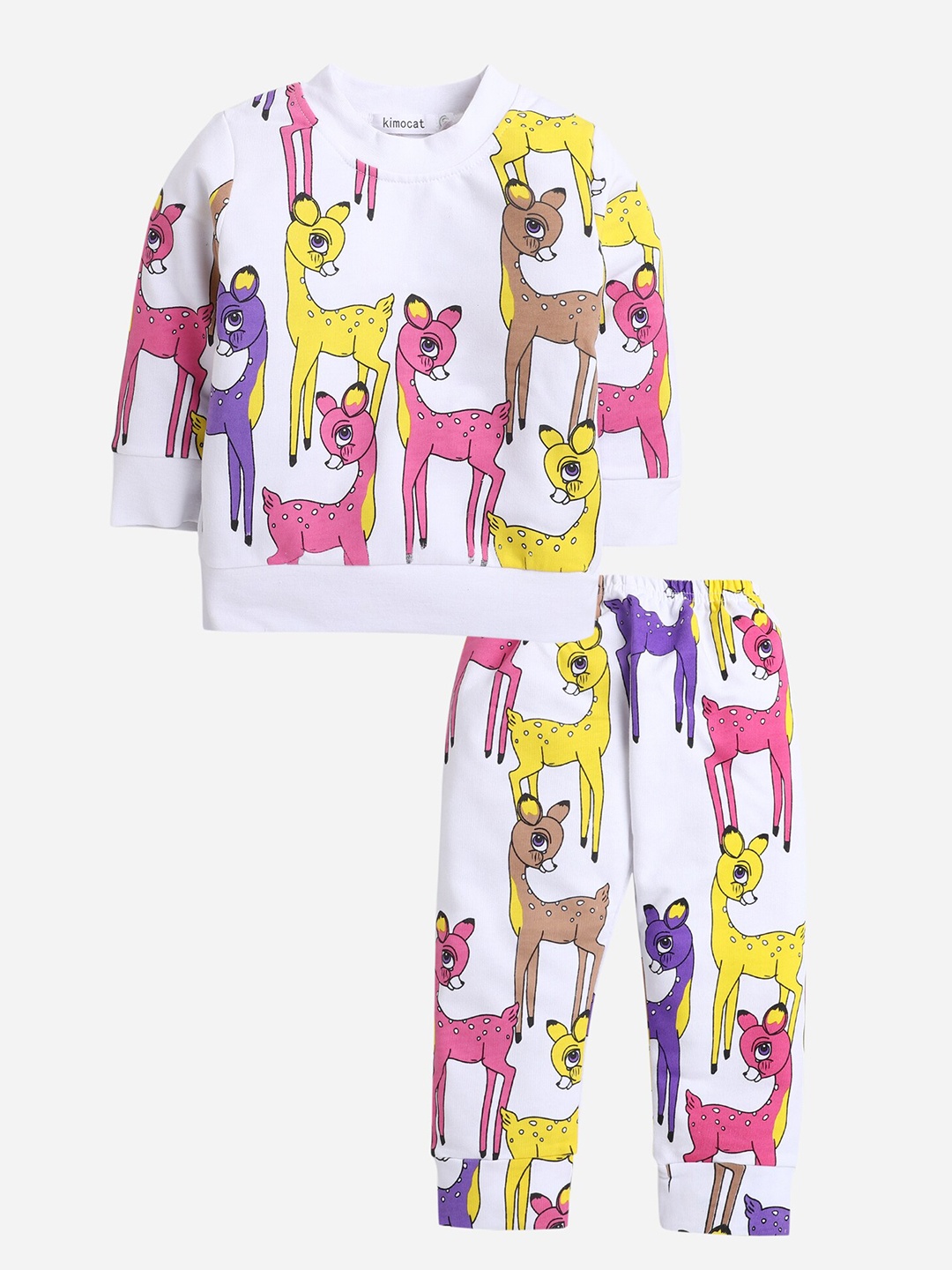 

Hopscotch Girls White & Yellow Graphic Printed Pure Cotton T-shirt with Joggers