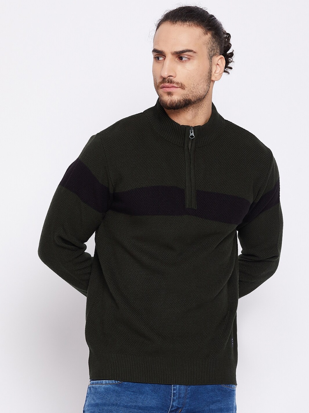 

Cantabil Men Olive Green & Black Striped Pure Woolen Pullover