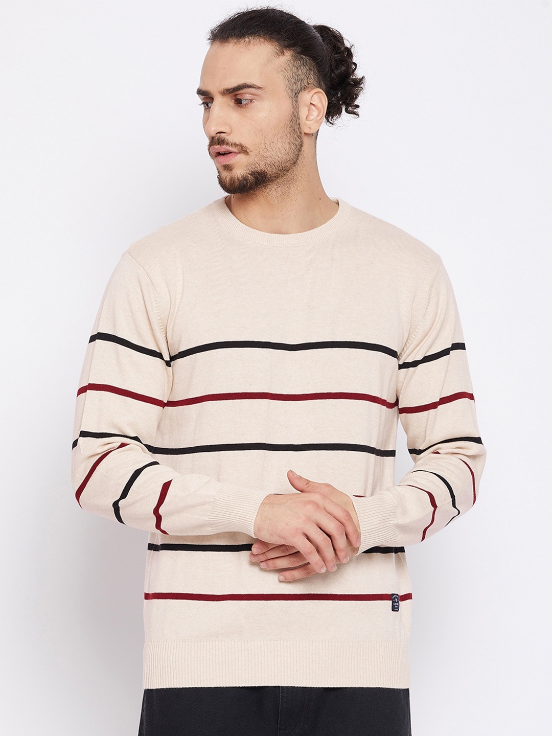 

Cantabil Men Beige & Maroon Striped Woolen Pullover