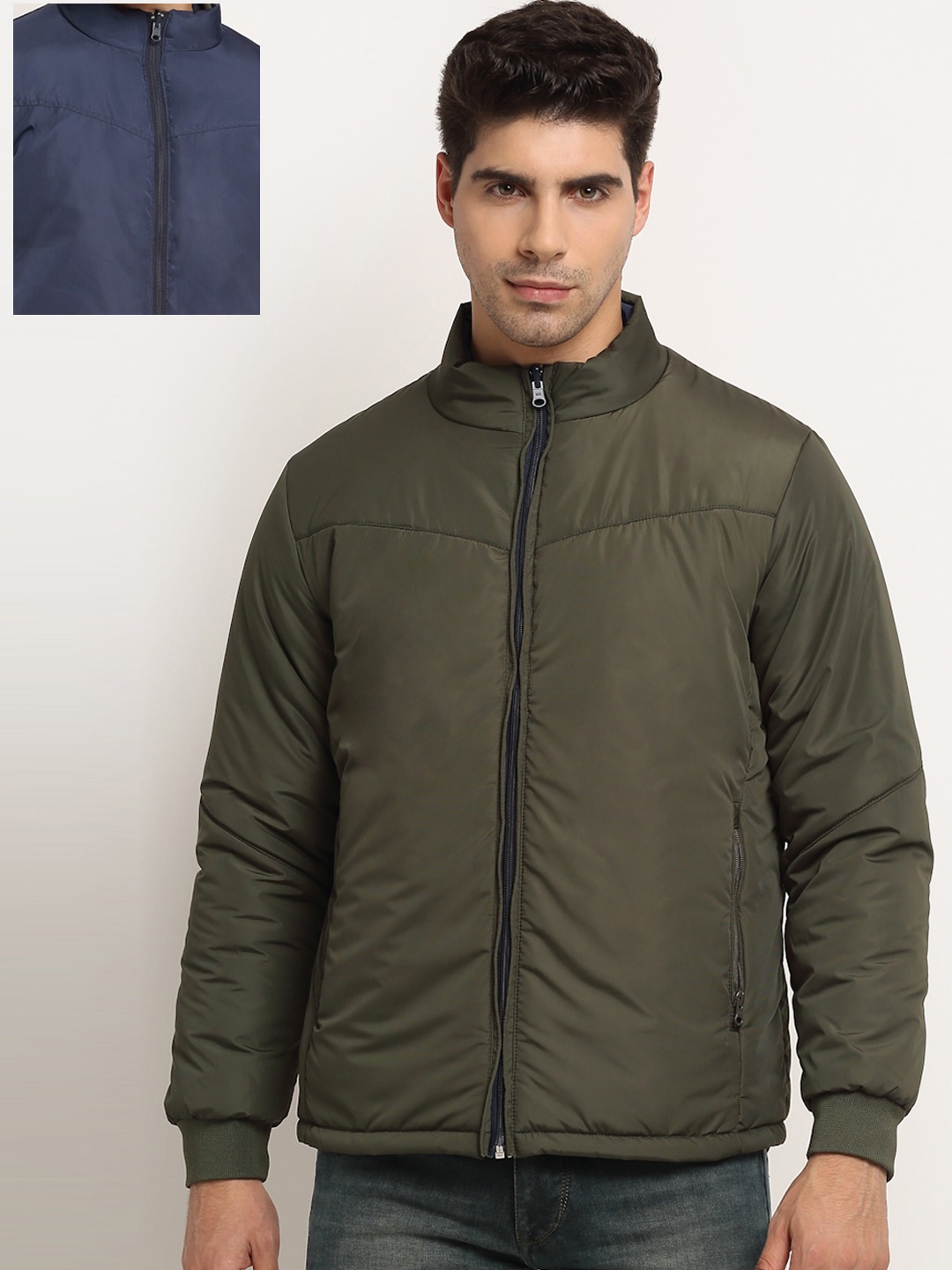

Cantabil Men Olive Green Blue Reversible Padded Jacket