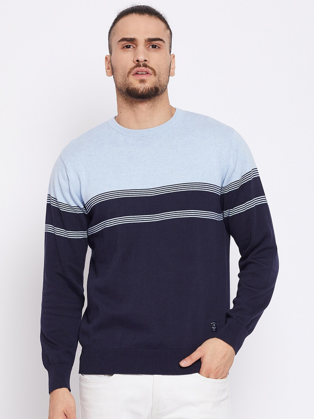 

Cantabil Men Navy Blue Colourblocked Pure Wool Pullover