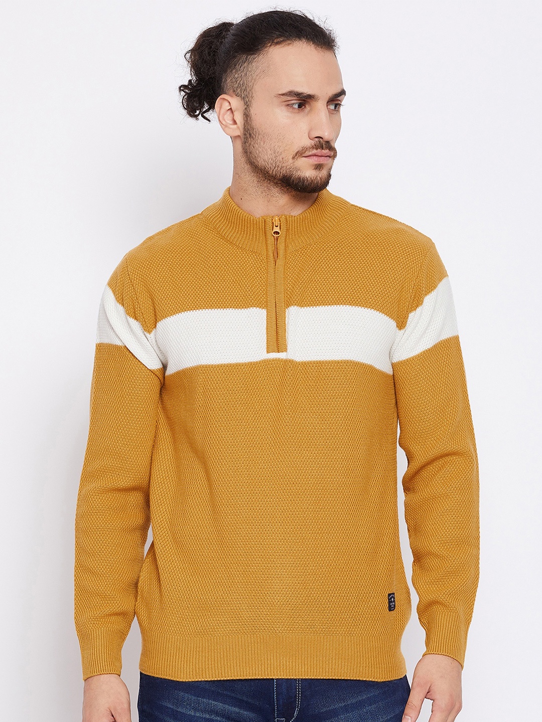 

Cantabil Men Mustard & White Woollen Colourblocked Pullover