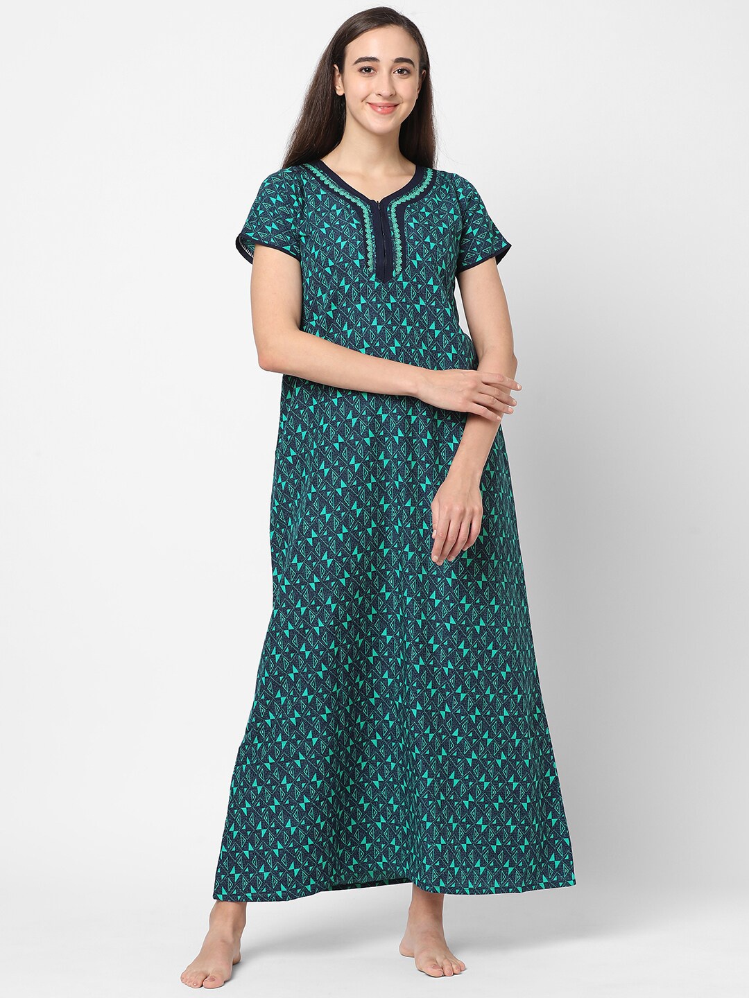 

Sweet Dreams Women Blue Printed Maxi Nightdress