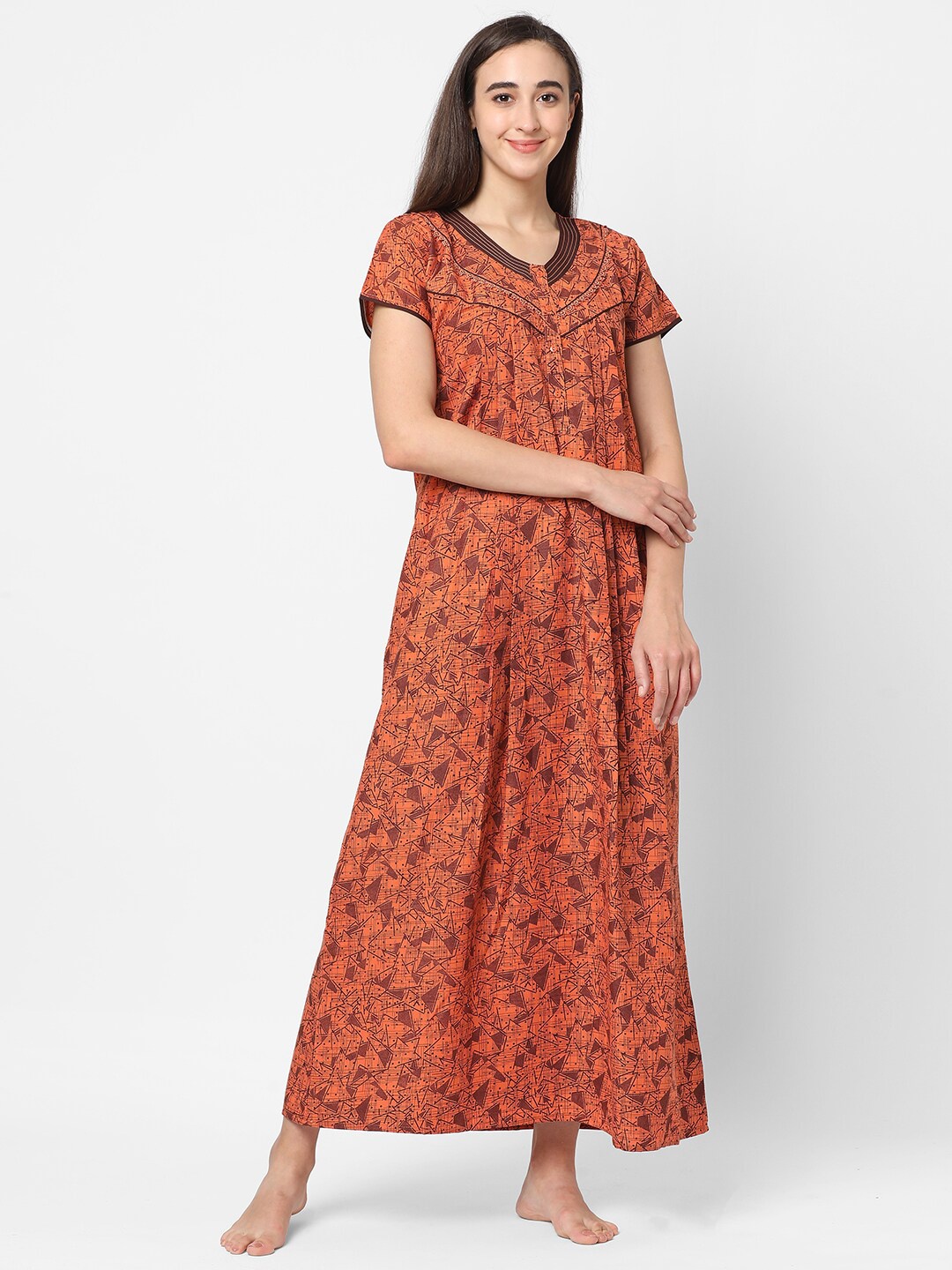 

Sweet Dreams Women Orange Printed Maxi Nightdress