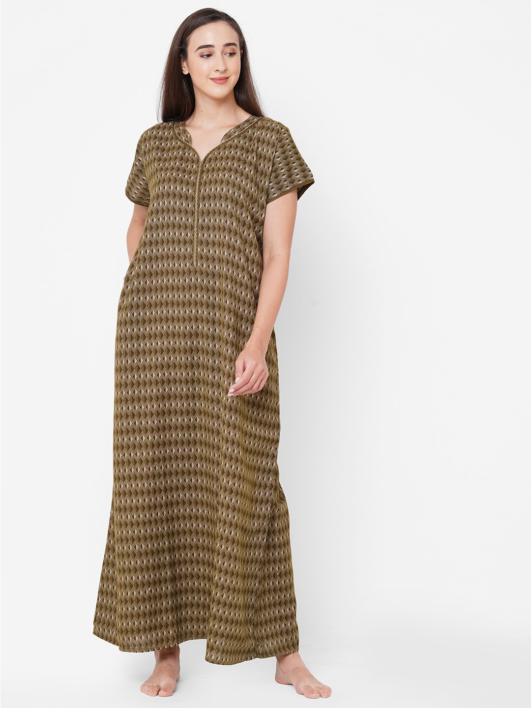 

Sweet Dreams Women Khaki Geometric Printed Maxi Nightdress