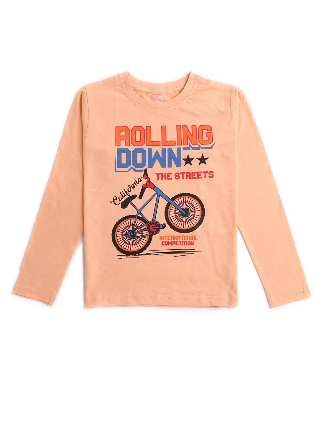 

Hopscotch Boys Peach-Coloured Graphic Printed Pure Cotton T-shirt