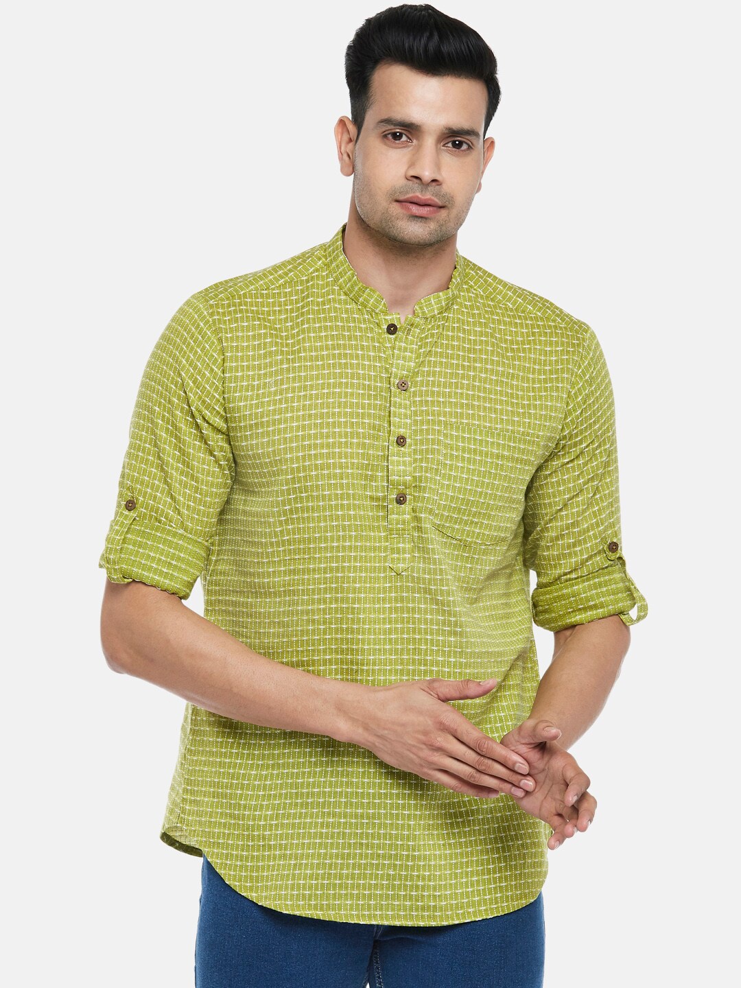 

indus route by Pantaloons Men Lime Green Thread Work Dobby Kurta