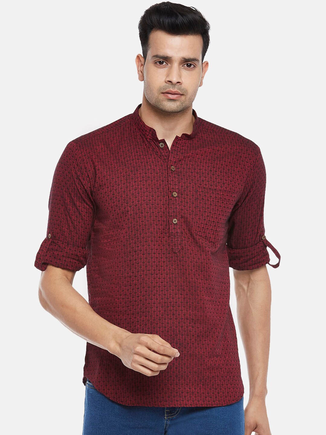 

indus route by Pantaloons Men Maroon & Black Printed Dobby Pure Cotton Kurta