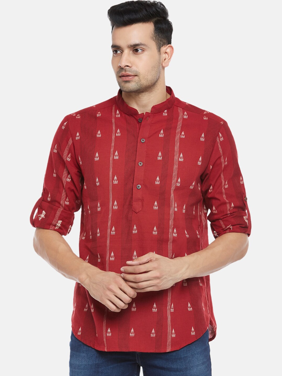

indus route by Pantaloons Men Red Woven Design Pure Cotton Casual Shirt
