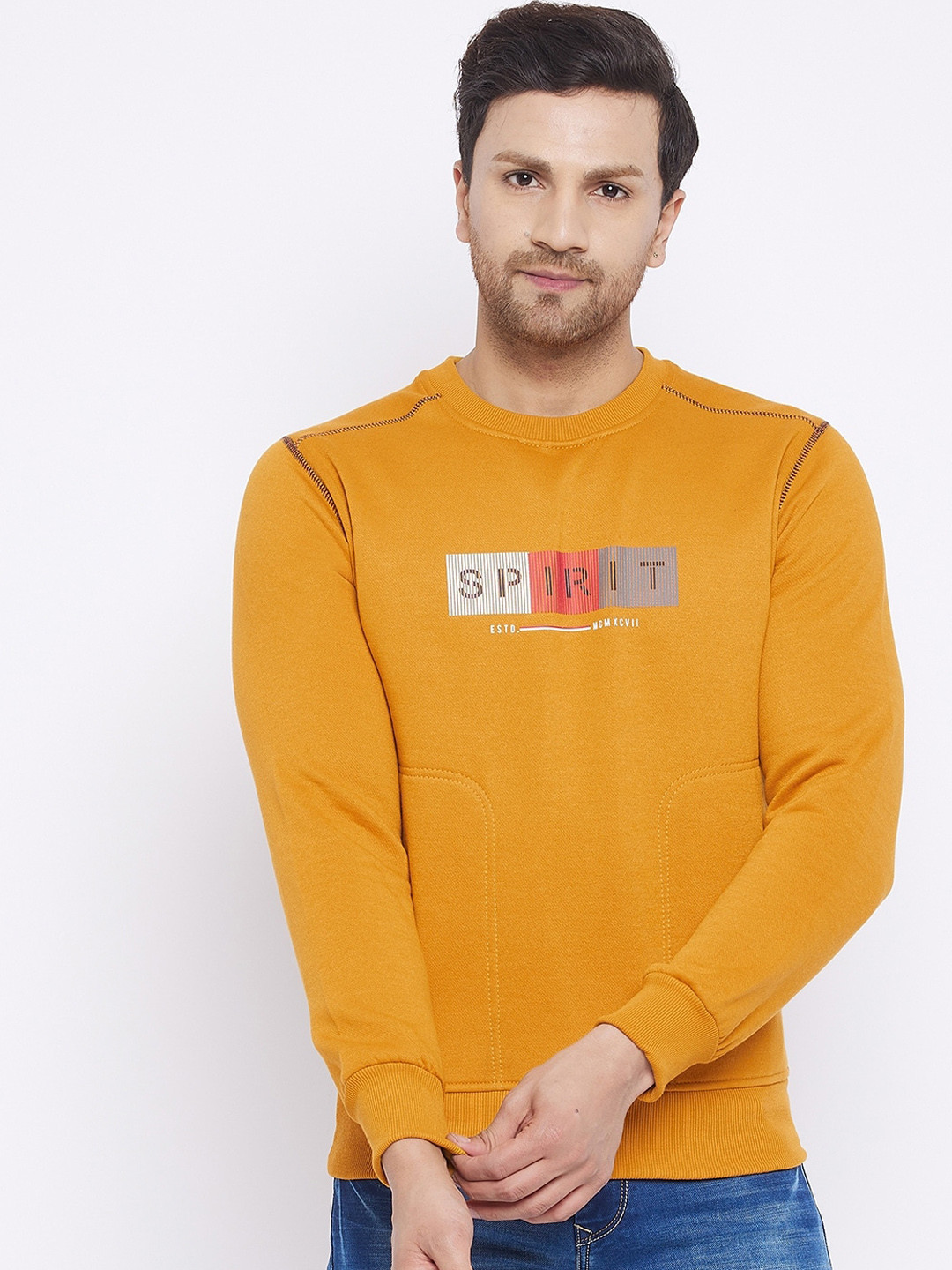 

Spirit Men Mustard Printed Cotton Sweatshirt