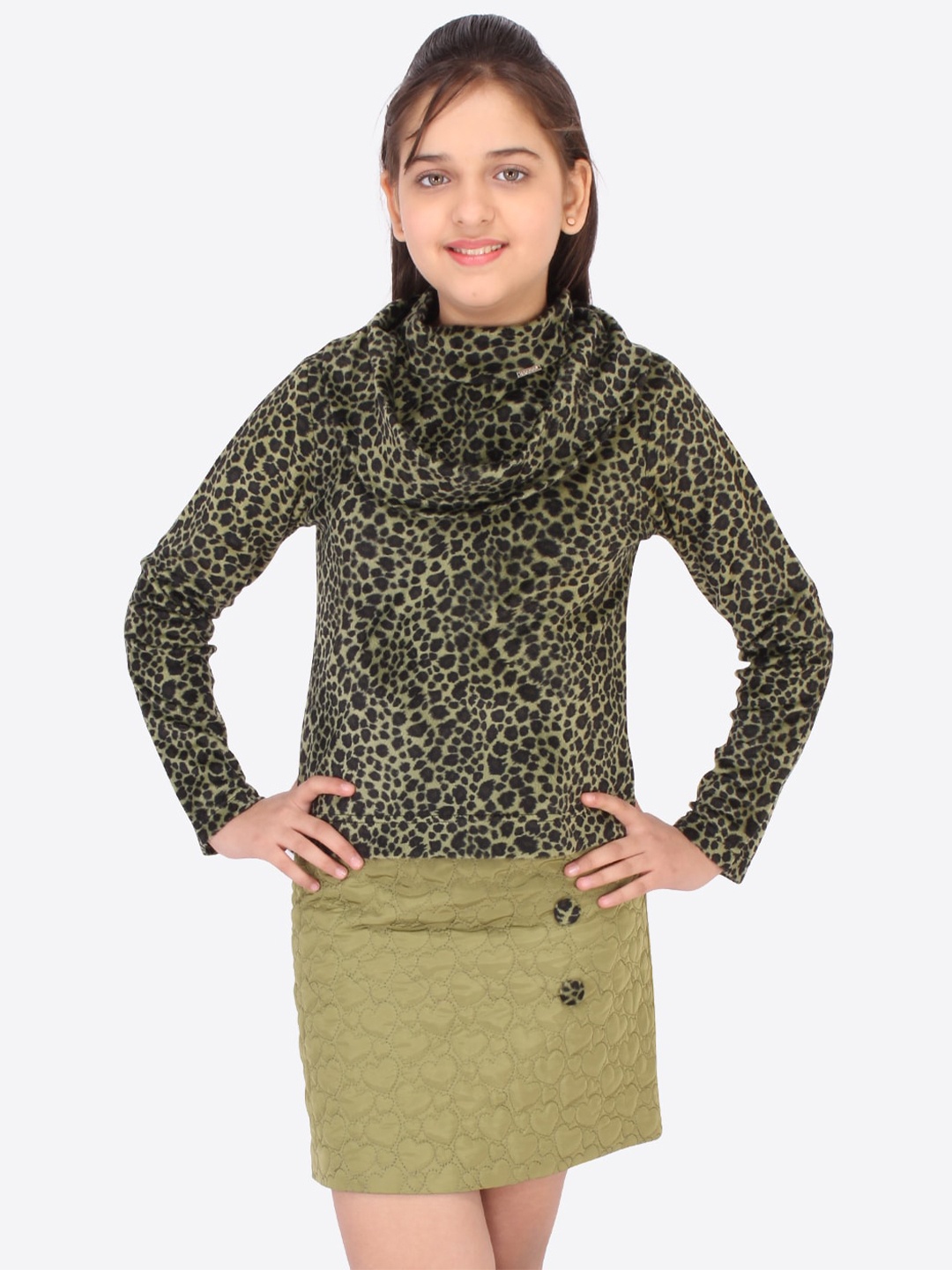 

CUTECUMBER Girls Green & Grey Printed Cowl Top and Skirt