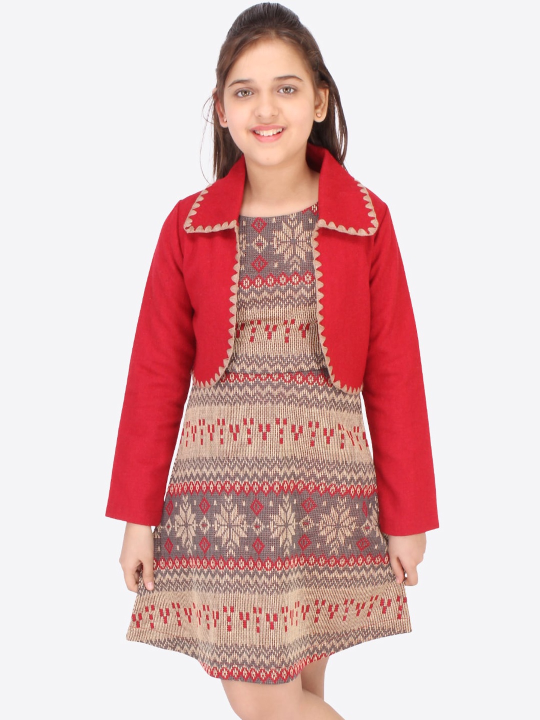 

CUTECUMBER Red & Beige Printed Acrylic A-Line Dress With Shrug