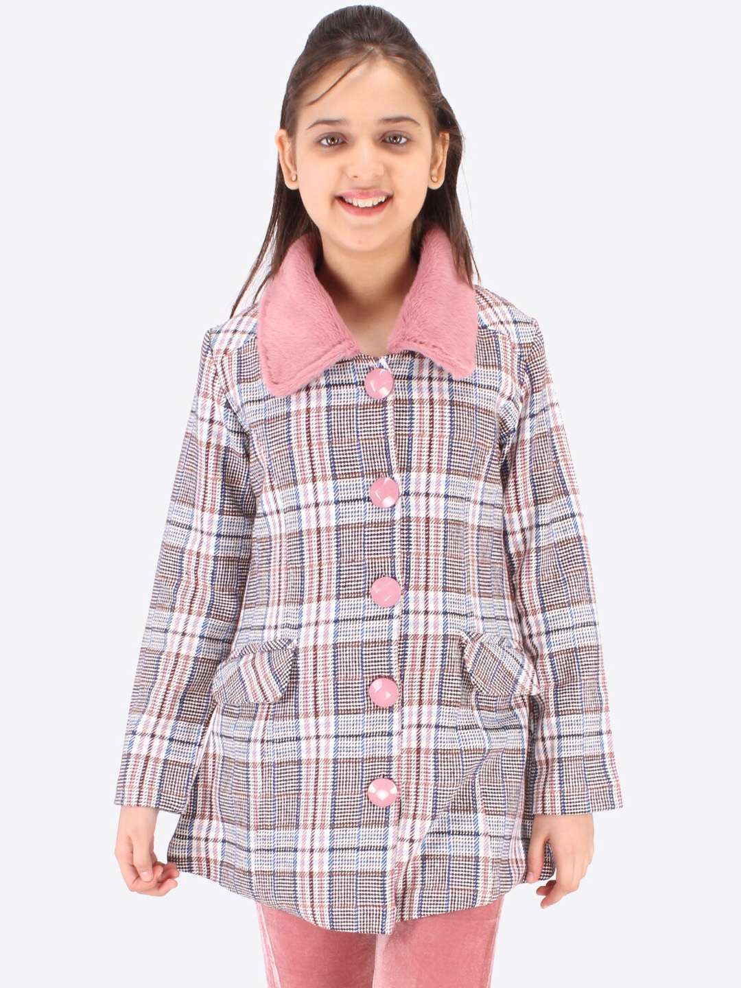 

CUTECUMBER Girls Pink Grey Checked Longline Tailored Jacket