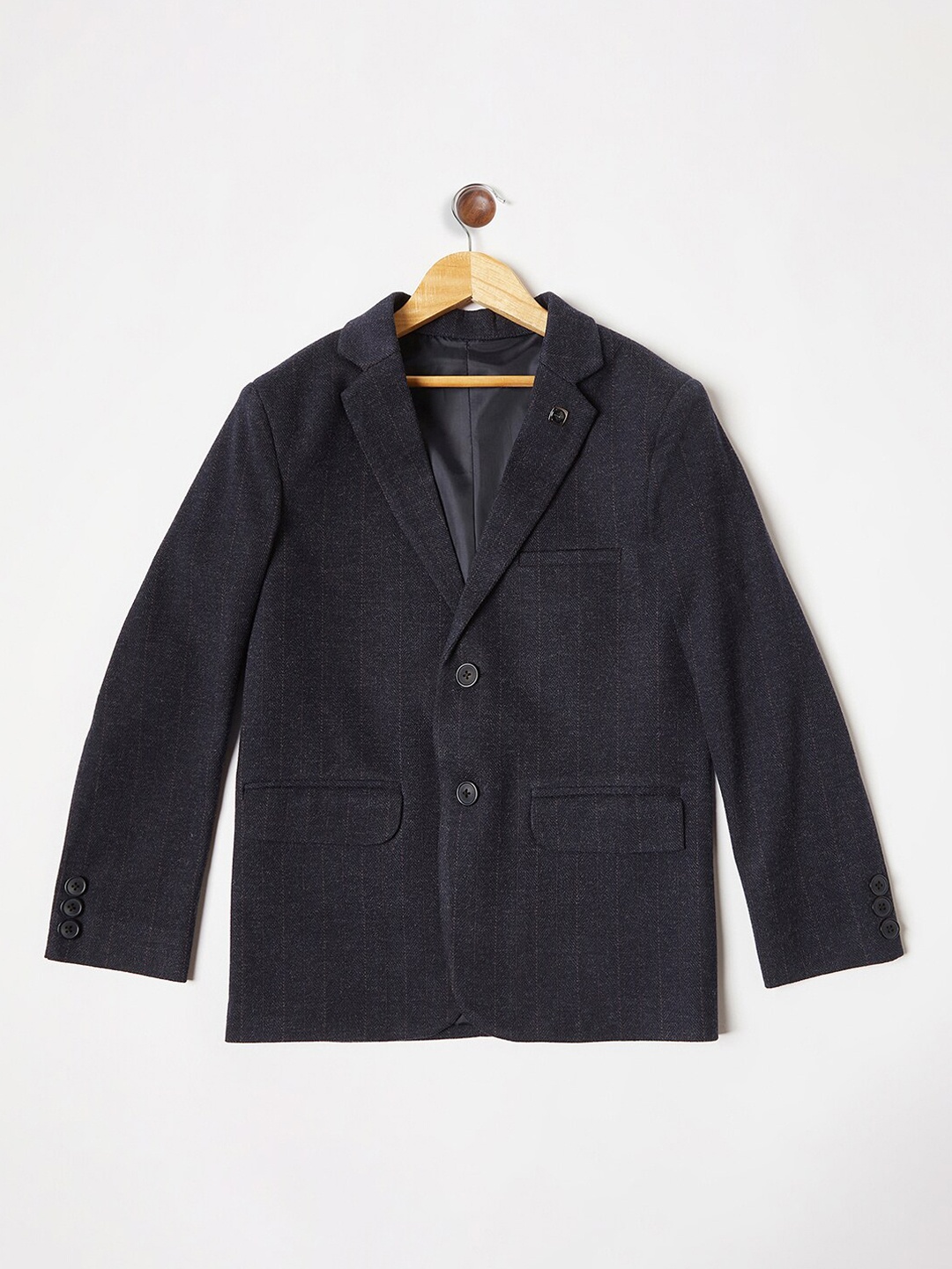 

Crimsoune Club Boys Navy Blue Striped Single-Breasted Casual Blazer