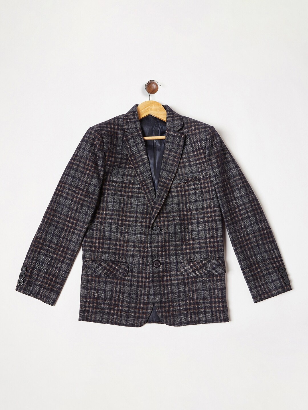 

Crimsoune Club Boys Navy Blue & Grey Checked Single Breasted Blazer