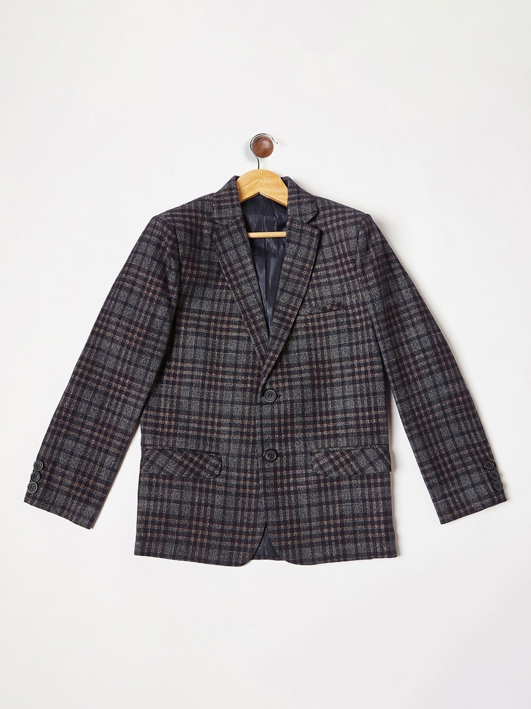 

Crimsoune Club Boys Navy Blue & Grey Checked Single Breasted Blazer