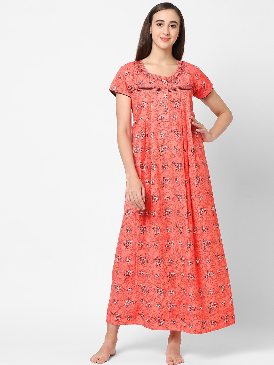 

Sweet Dreams Women Peach-Coloured Printed Maxi Nightdress