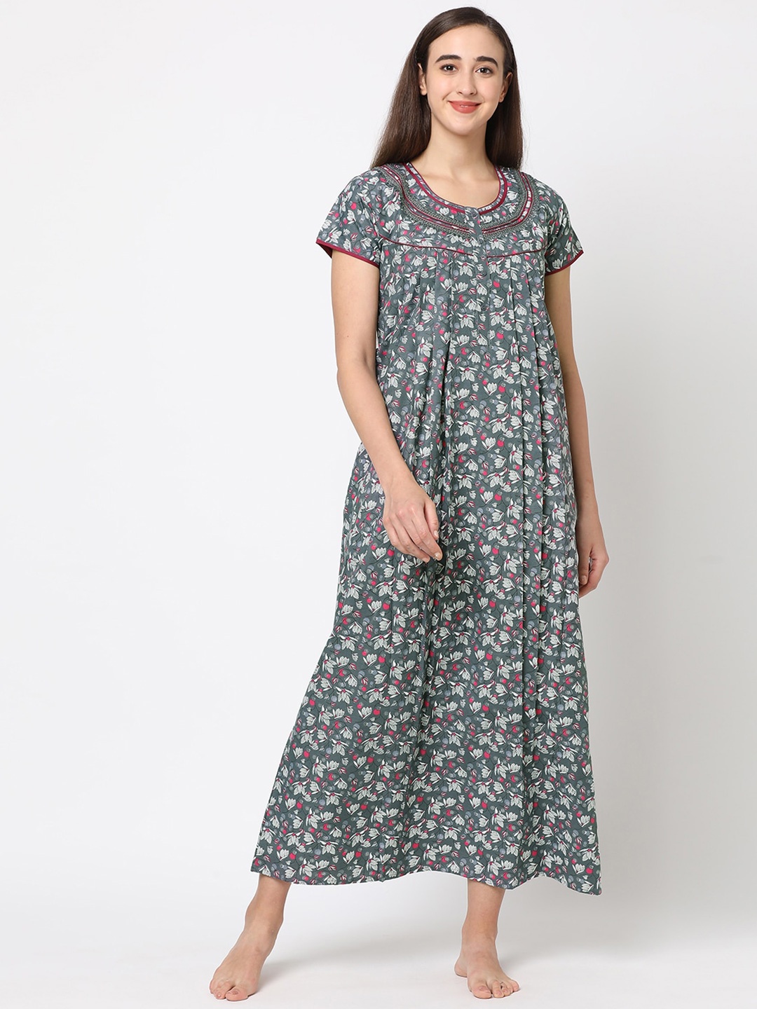 

Sweet Dreams Grey Floral Printed Cotton Maxi Nightdress