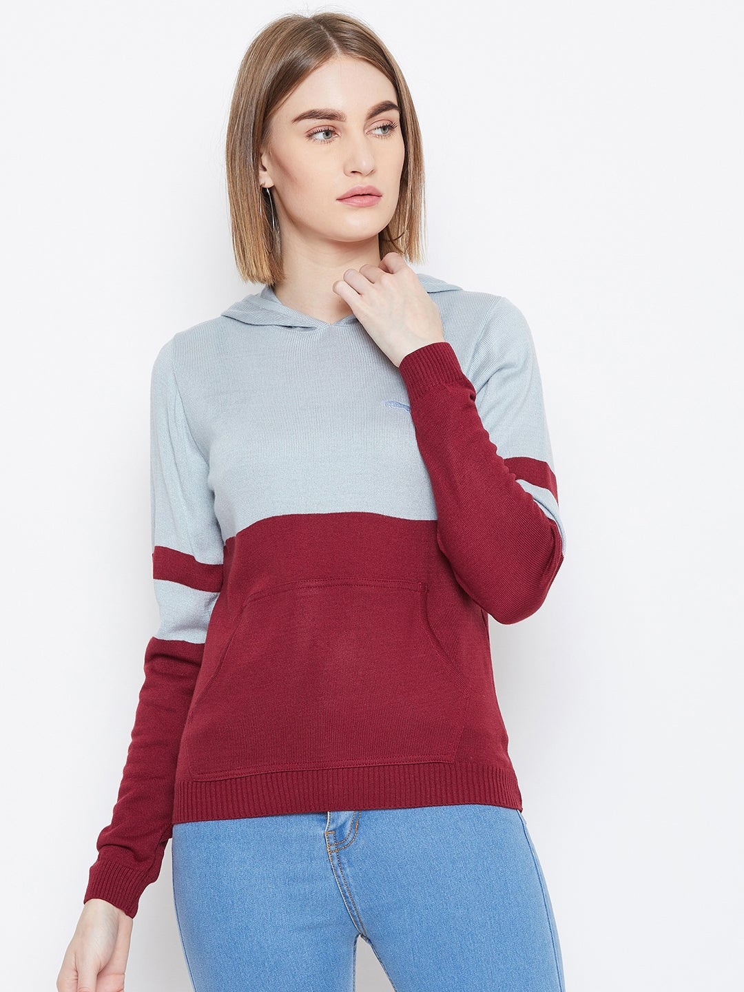 

JUMP USA Women Blue & Maroon Colourblocked Sweater