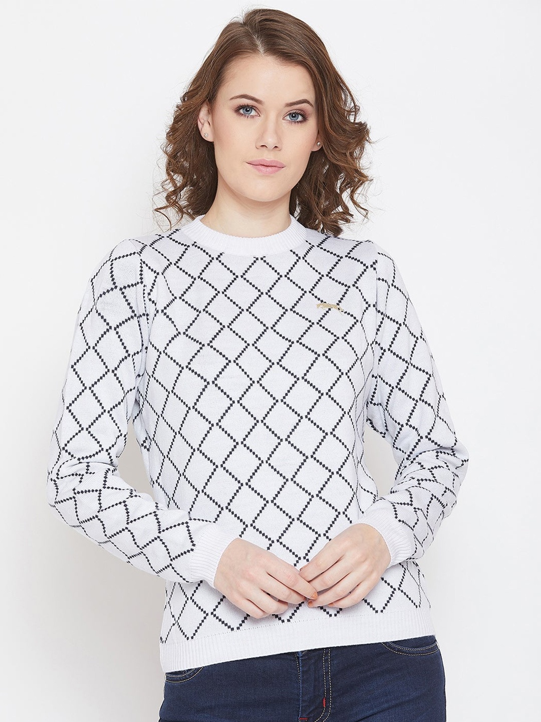 

JUMP USA Women White & Black Checked Pullover