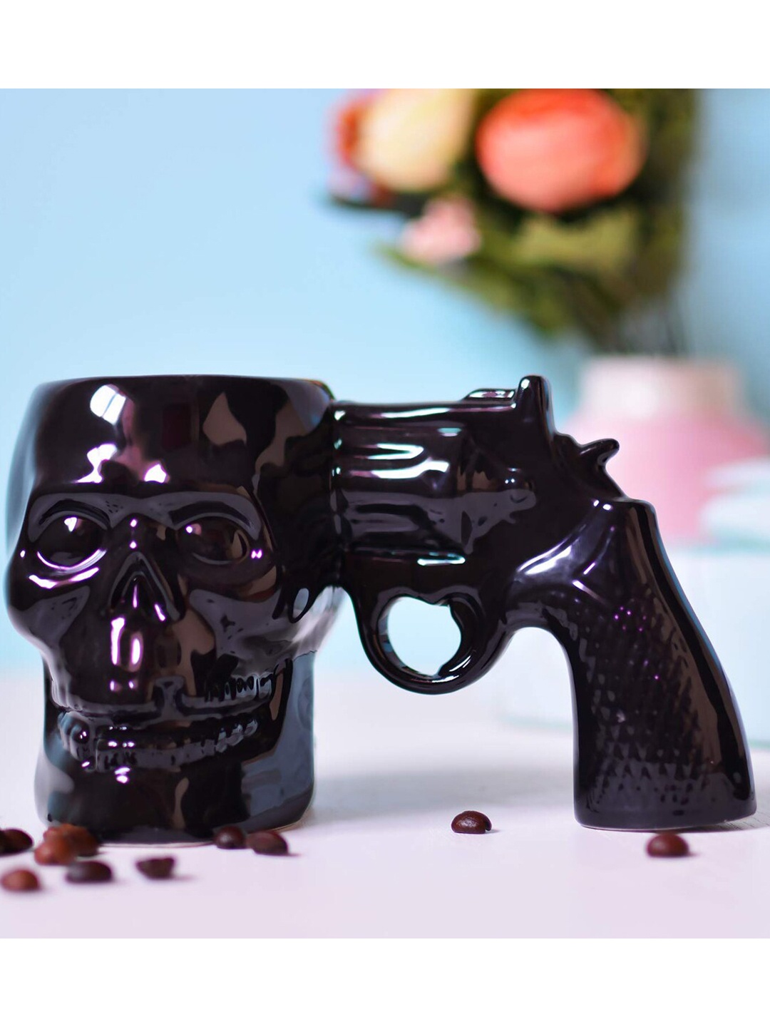 

BonZeaL Black Solid Ceramic Glossy 3D Ceramic Skull Revolver Gun Mug