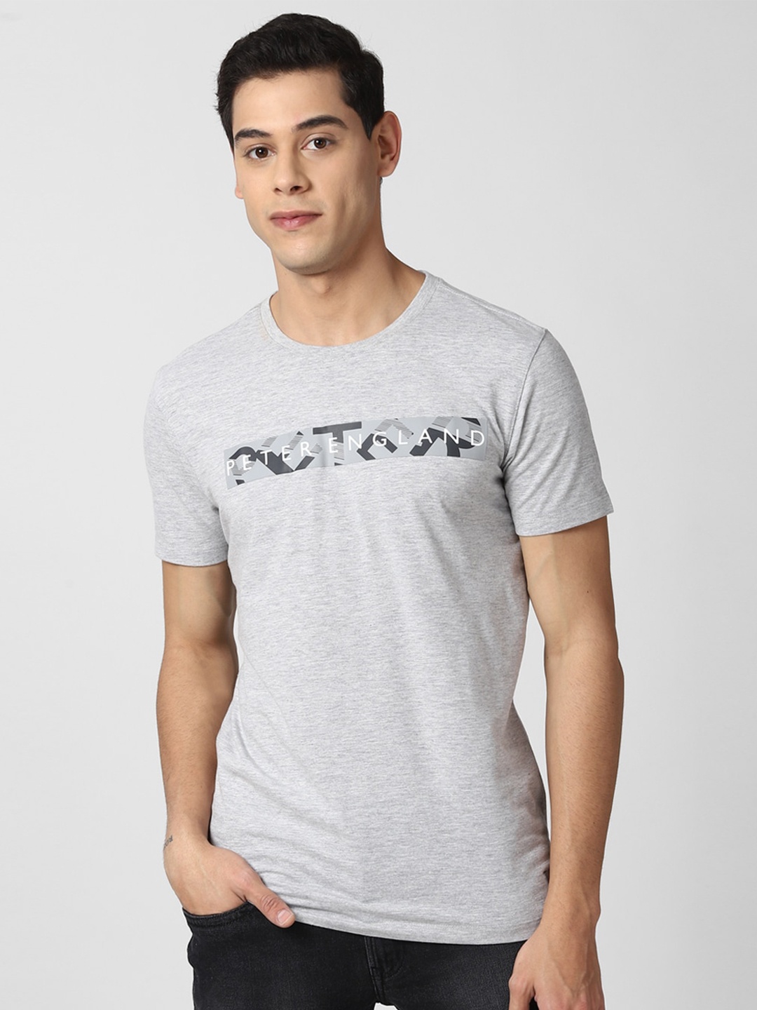 

Peter England Casuals Men Grey Melange Brand Logo Slim Fit T-shirt