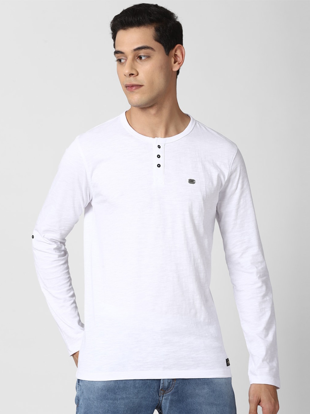 

Peter England Casuals Men White Henley Neck Slim Fit T-shirt