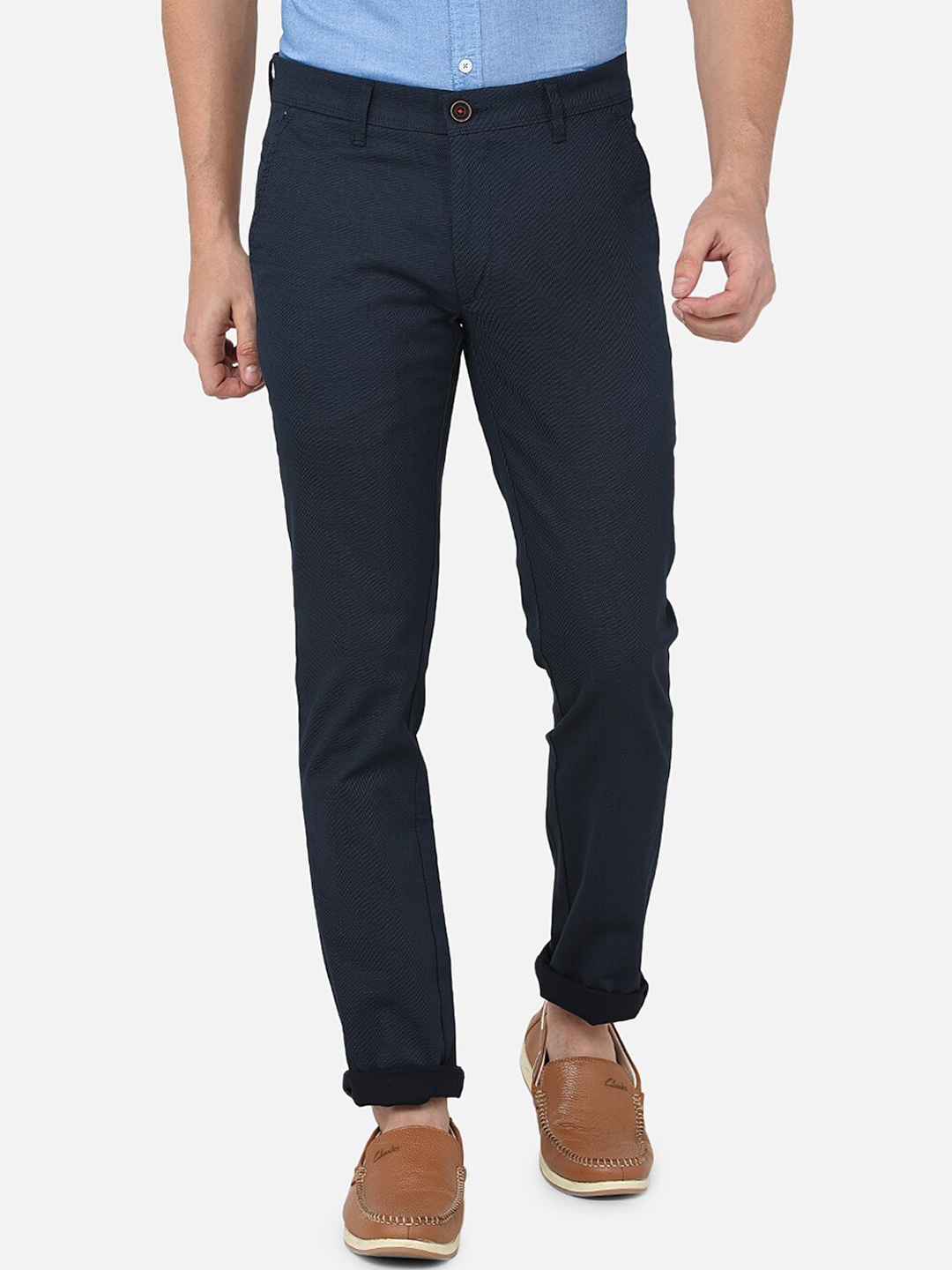 

Oxemberg Men Navy Blue Slim Fit Cotton Chinos Trousers