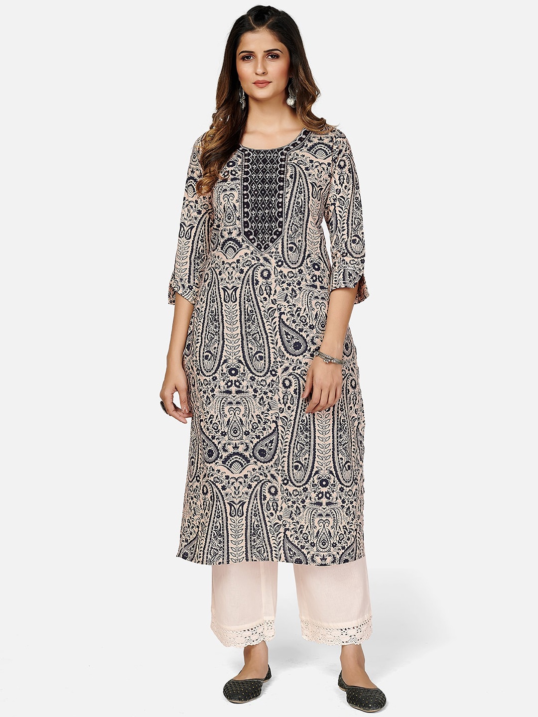 

KALINI Women Navy Blue & Peach-Coloured Paisley Printed Thread Work Cotton Straight Kurta