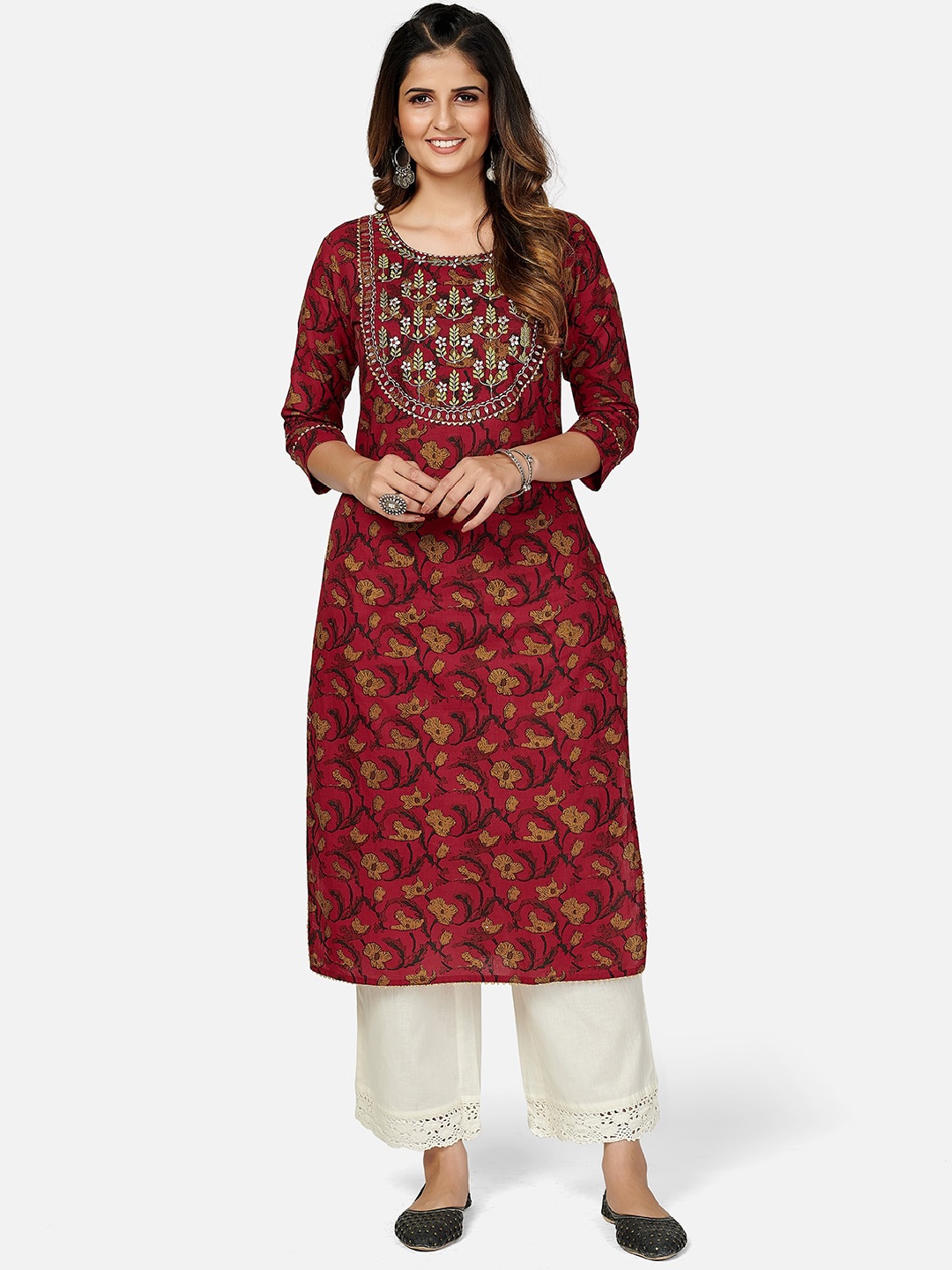 

Vbuyz Women Red Printed & Embroidered Straight Kurta