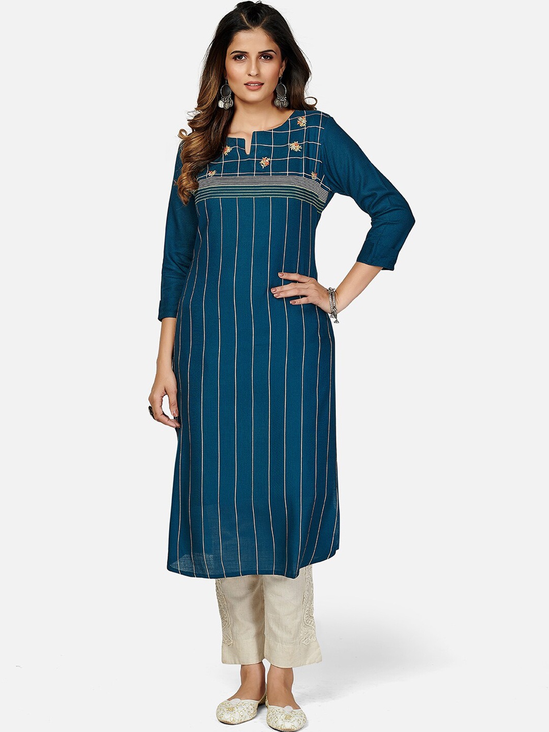 

KALINI Women Blue Striped Embroidered Cotton Keyhole Neck Kurta