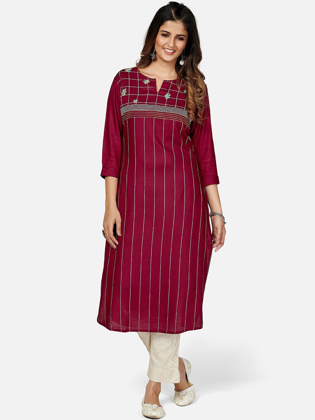 

KALINI Women Purple & Beige Embroidered Cotton Thread Work Kurta