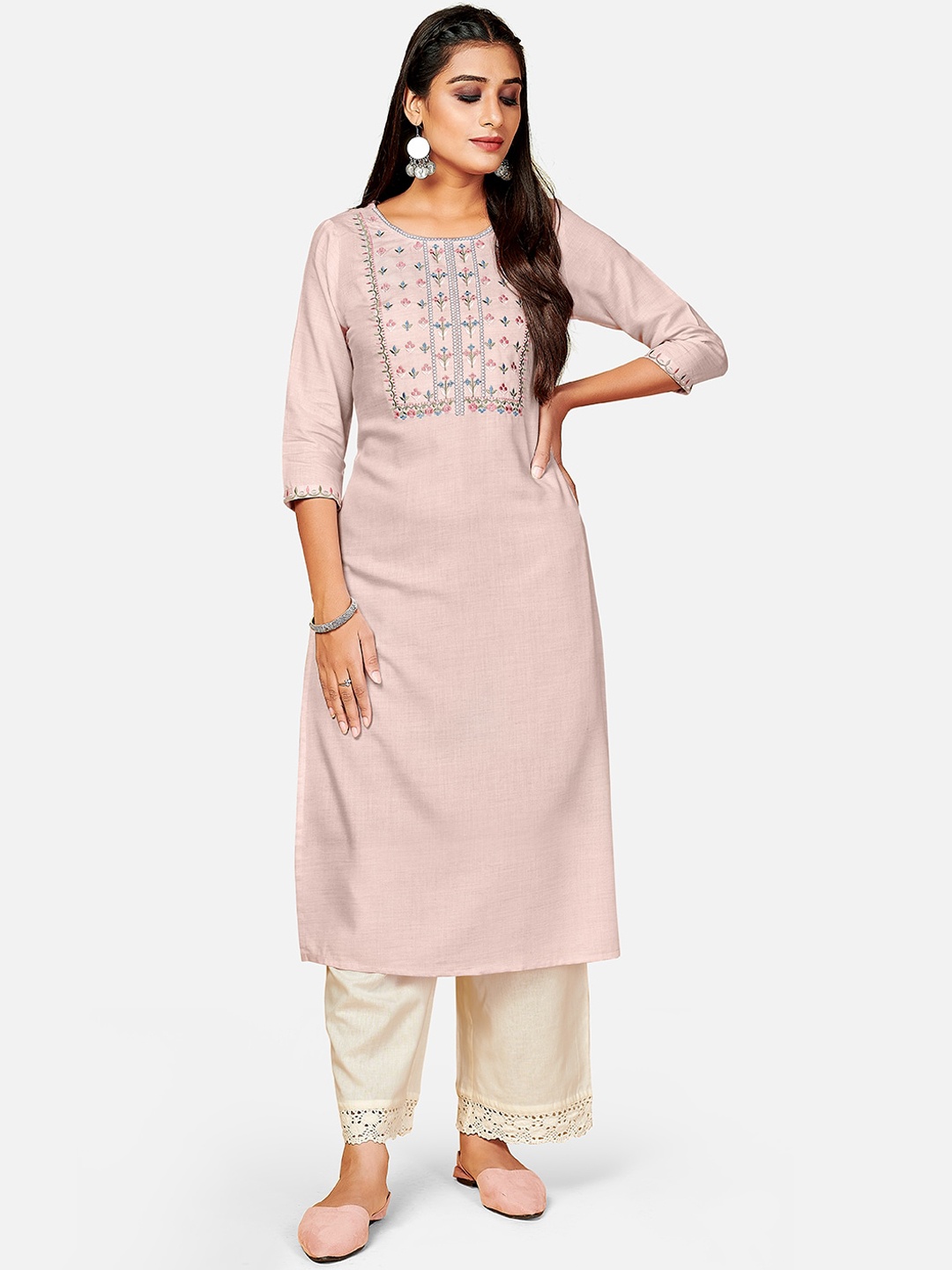 

KALINI Women Pink Floral Embroidered Flared Sleeves Thread Work Kurta
