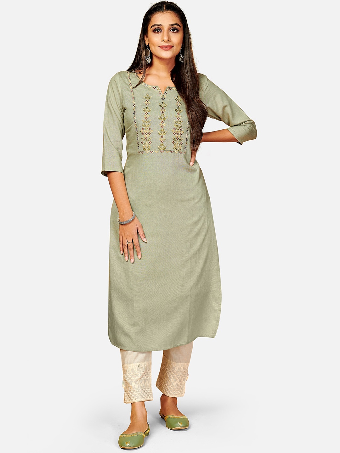 

KALINI Women Green Yoke Design Flared Sleeves Kurta