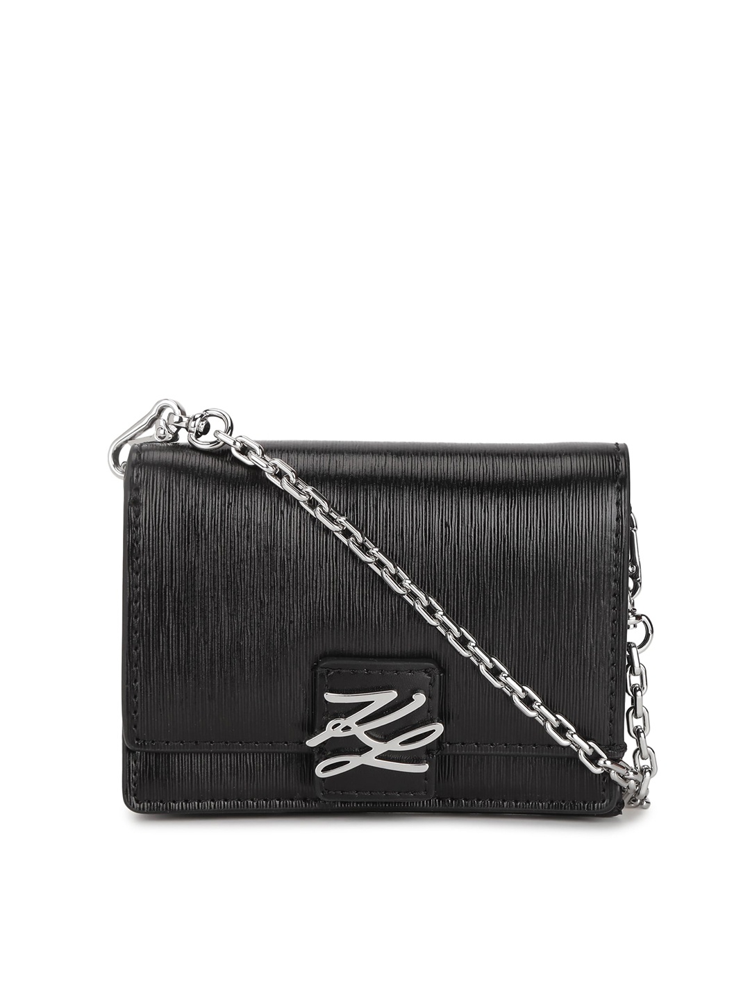 

Karl Lagerfeld Women Black & Silver-Toned Textured Leather Envelope Wallet