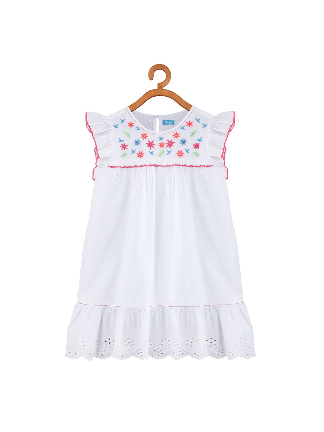 

Miyo White & Pink Floral Embroidered Drop-Waist Cotton Midi Dress