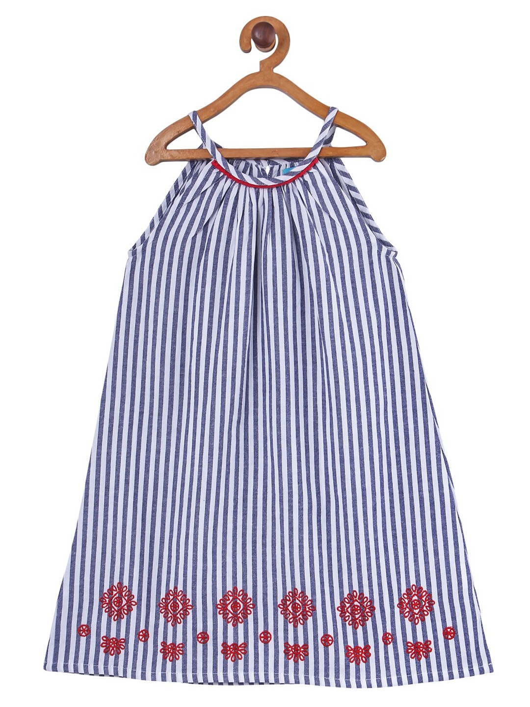 

Miyo Girls White & Blue Striped Cotton A-Line Dress