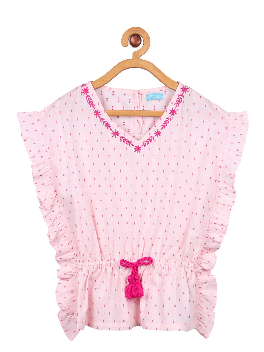 

Miyo Pink Geometric Embroidered Ruffles Cinched Waist Top