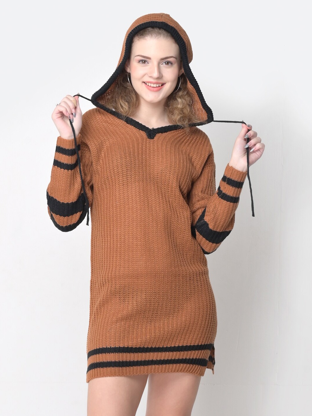 

NoBarr Women Brown Solid Acrylic Hooded A-Line Dress