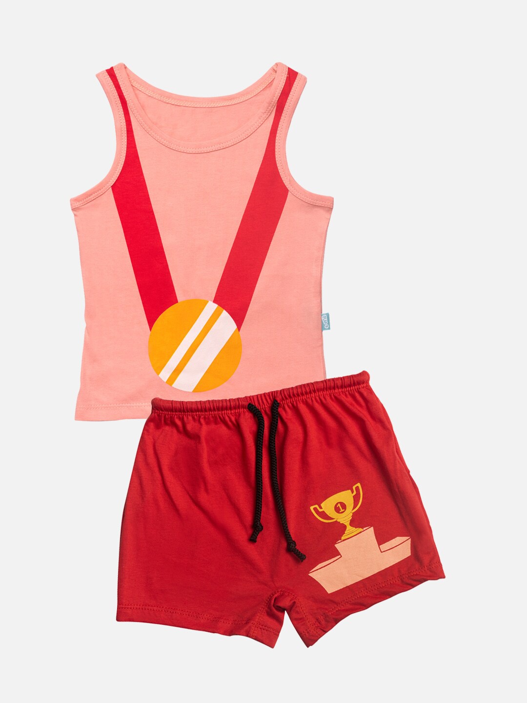 

You Got Plan B Girls Peach-Coloured & Red Printed Pure Cotton Vest & Boxer Shorts