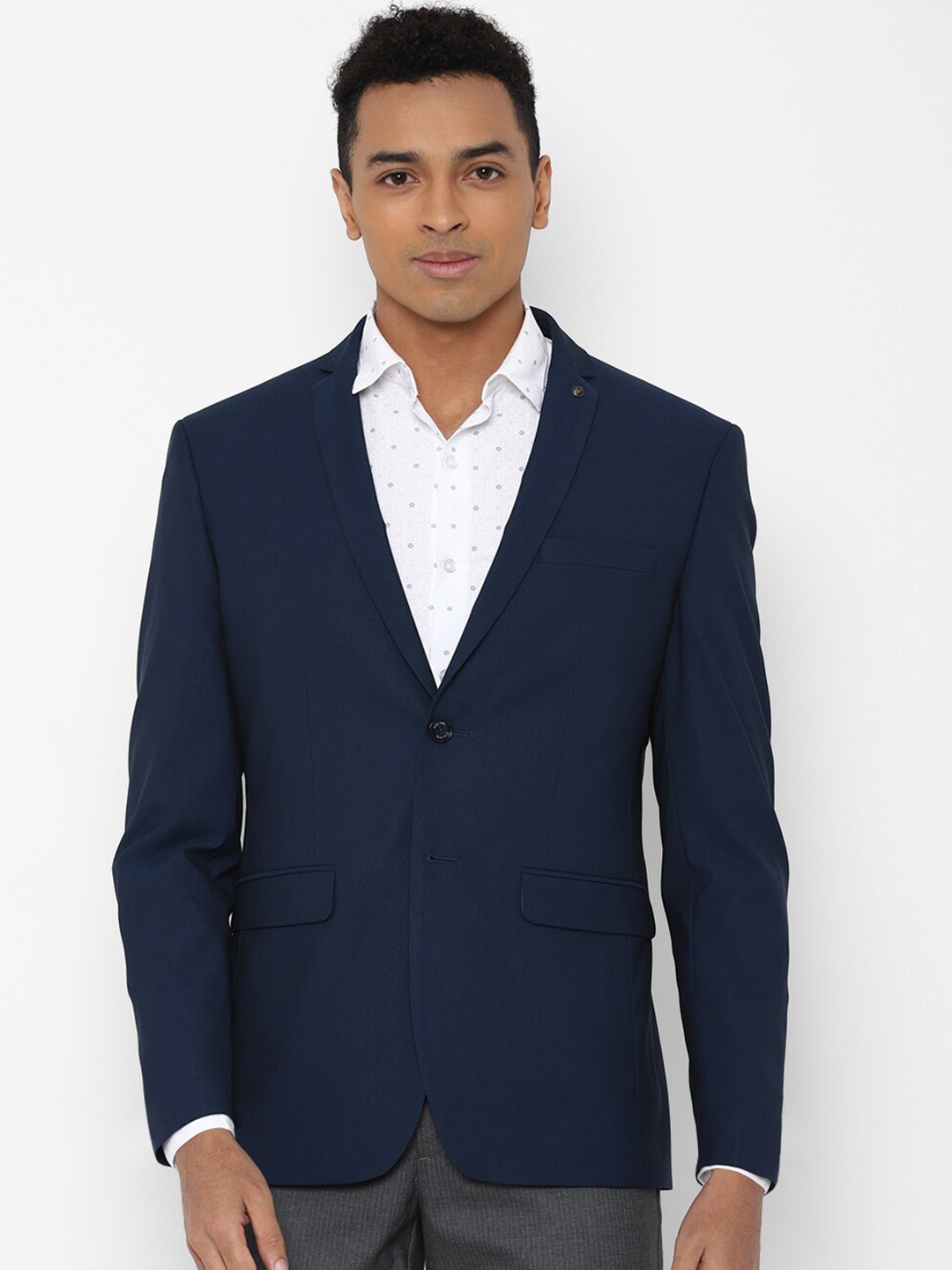

Allen Solly Men Navy-Blue Self-Design Slim-Fit Single-Breasted Formal Blazer