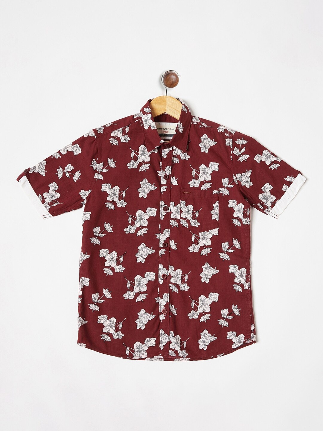 

Crimsoune Club Boys Pure Cotton Maroon Floral Printed Casual Shirt