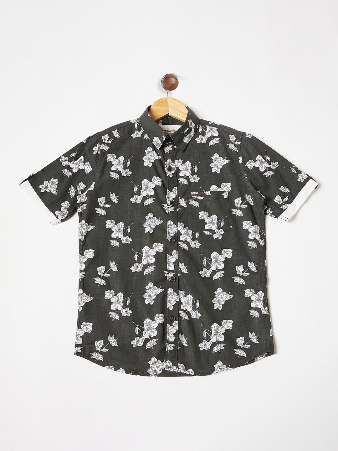 

Crimsoune Club Boys Olive Green Floral Printed Casual Shirt