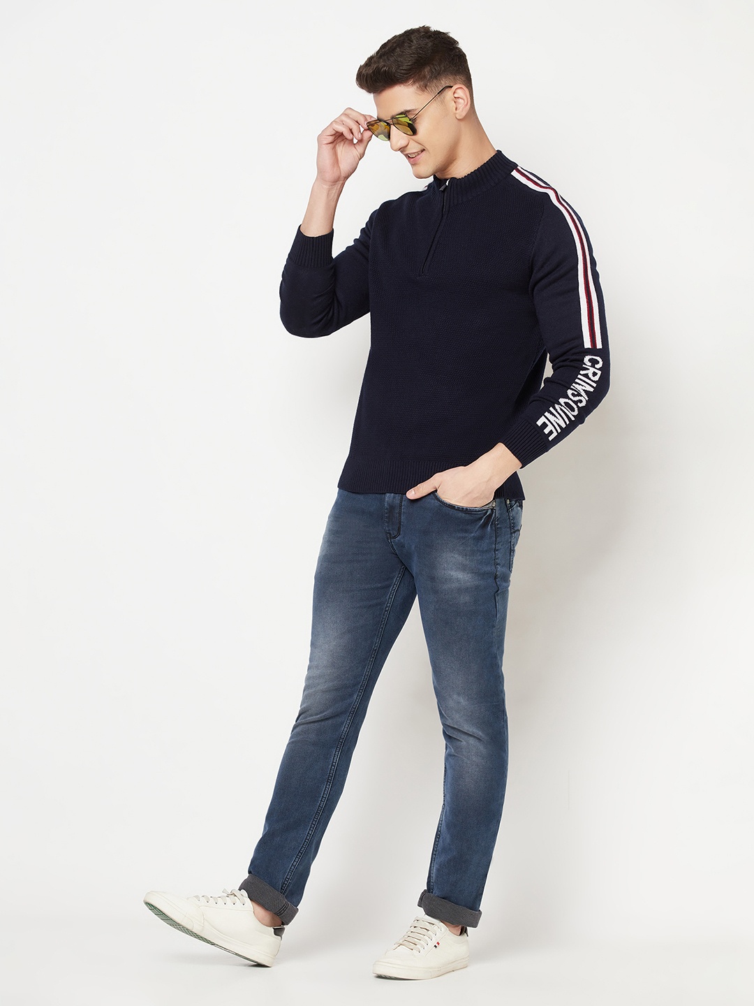 Crimsoune Club Men Navy Blue & White Typography Printed Pullover