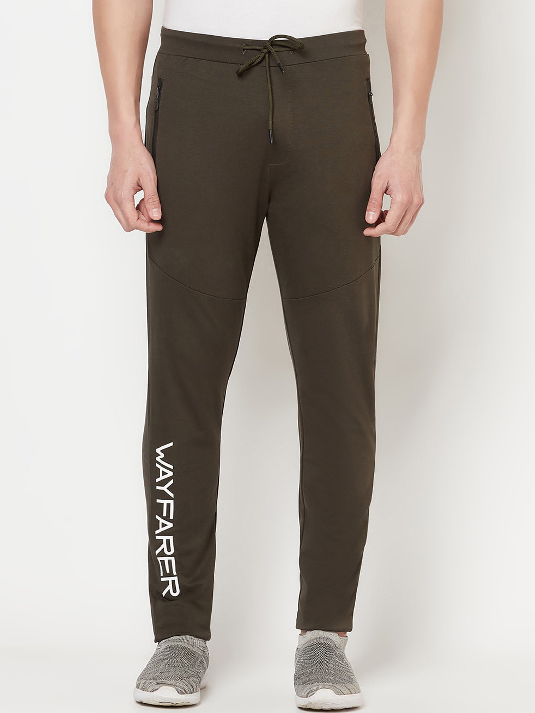 

Men Olive-Green & White Typography Printed Slim-Fit Track Pants