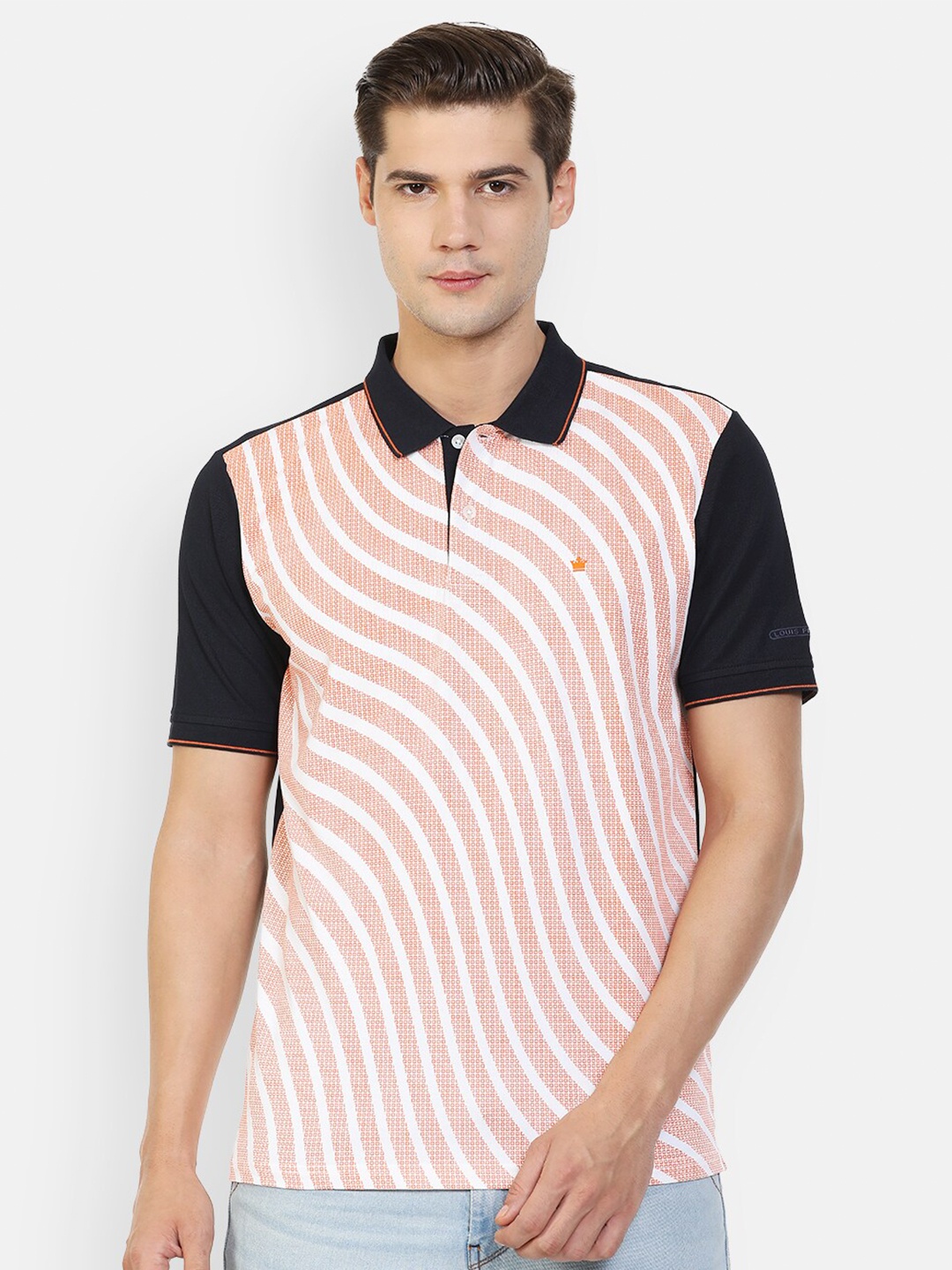 

Louis Philippe Men Peach-Coloured Striped Polo Collar T-shirt