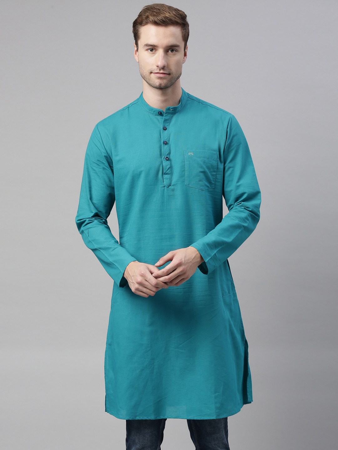 

Chennis Men Turquoise Blue Pure Cotton A-line Kurta