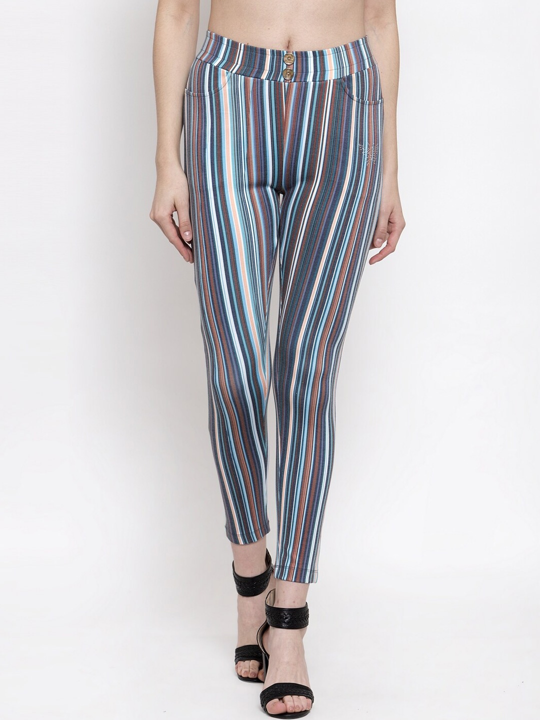 

armure Women Blue & Brown Striped Slim-Fit Jeggings