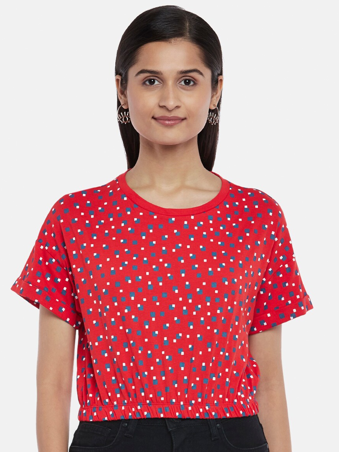 

People Red & Blue Geometric Print Pure Cotton Blouson Top